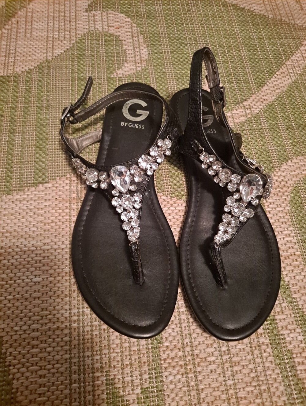 G by Guess Black Jeweled T-Strap Sandals